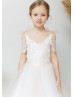 Blush Pink Lace Tulle V Back Flower Girl Dress